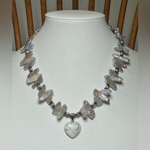 Gray Pearl and White Howlite Heart Pendant Necklace with Sterling Silver Clasp